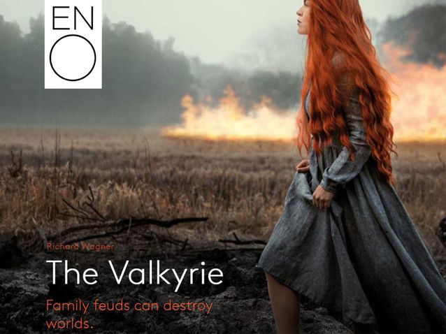 Valkyrie Playbill, woman in a field with a ring of fire behind